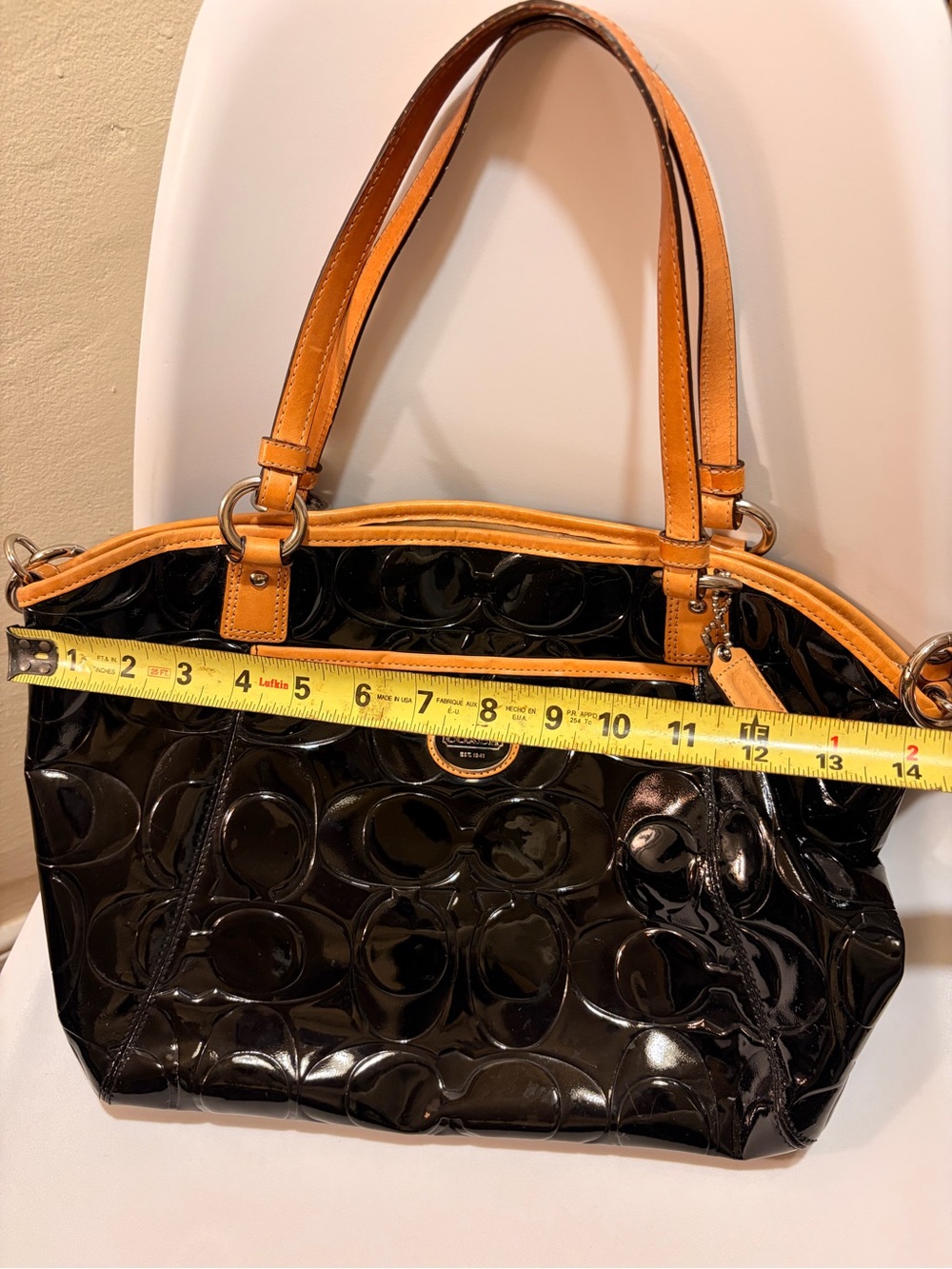 Coach Black Patent Leather Tote with Tan Trim - Picture 5 of 8